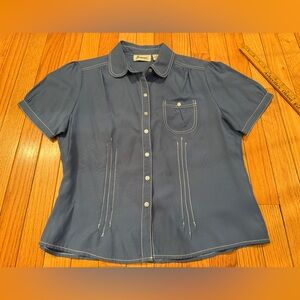 VTG Blue Button-Up Shirt with White Stitching light academia